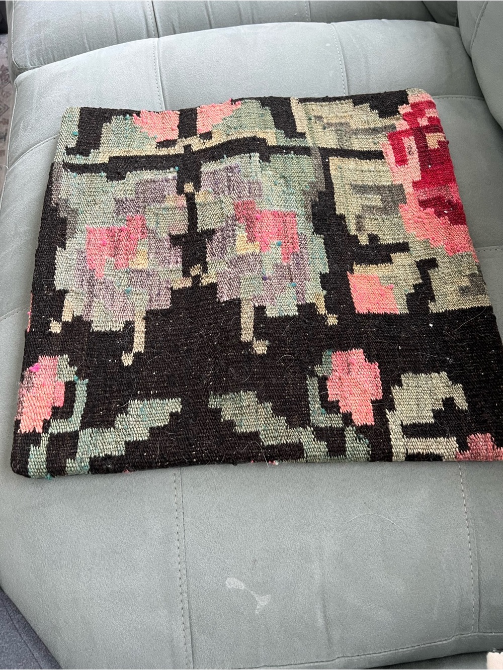 Handwoven Floral Kilim Pillow Cover - Black, Pink & Sage